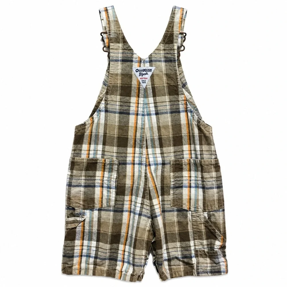 OshKosh B'gosh Vestbak Plaid Shortalls Overalls 24 Months Brown Blue Cotton